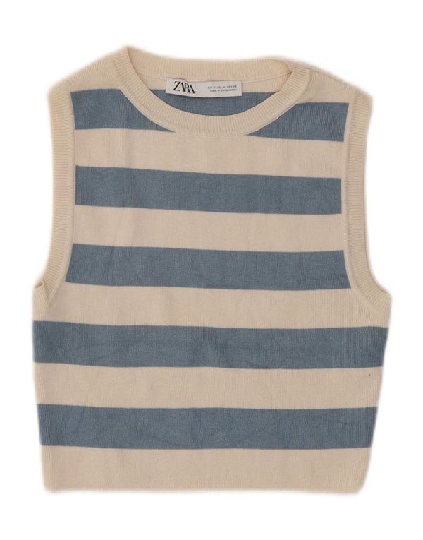 Zara Damen Crop Top UK 12 Mittelbeige gestreifte Viskose