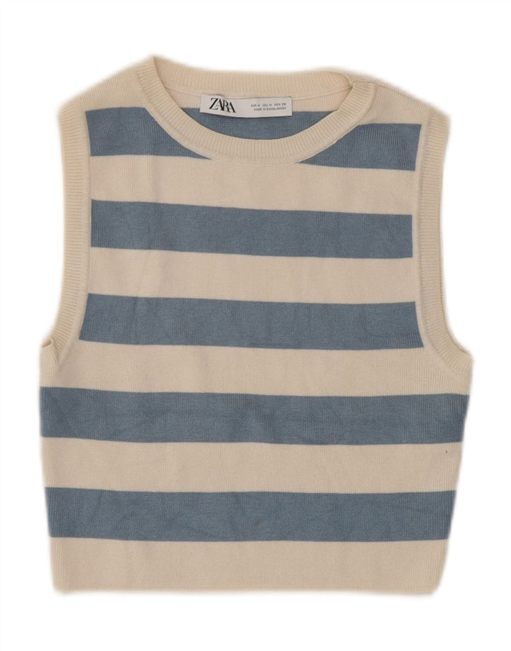 Zara Damen Crop Top UK 12 Mittelbeige gestreifte Viskose