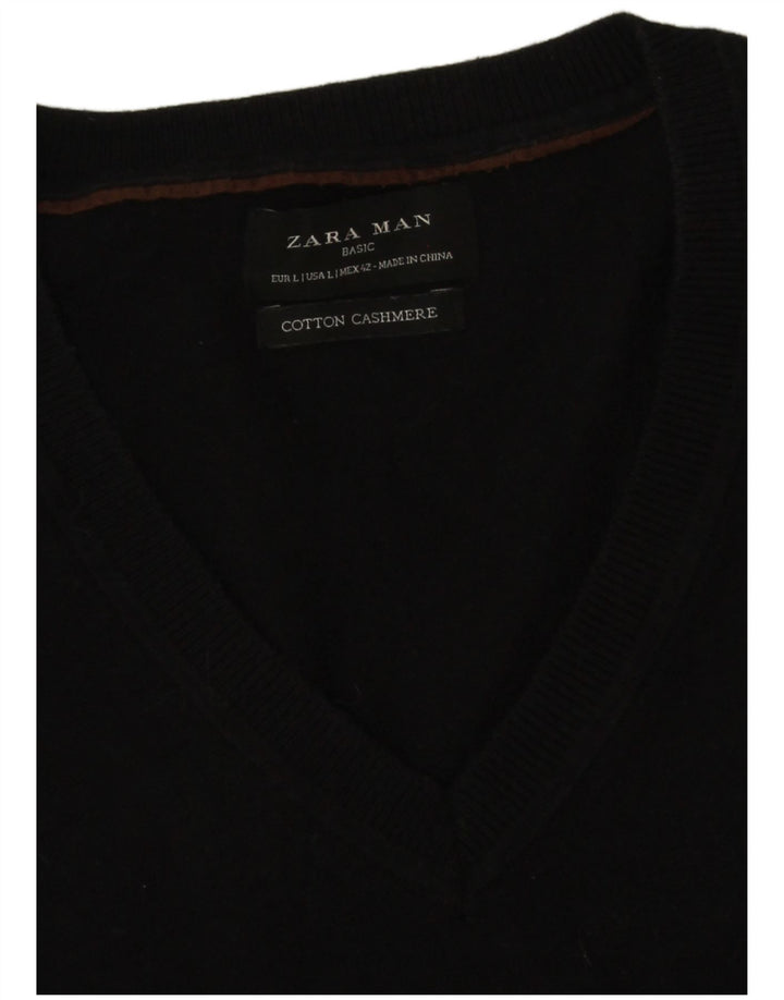 Zara Herren-Pullover mit V-Ausschnitt, groß, aus schwarzer Baumwolle