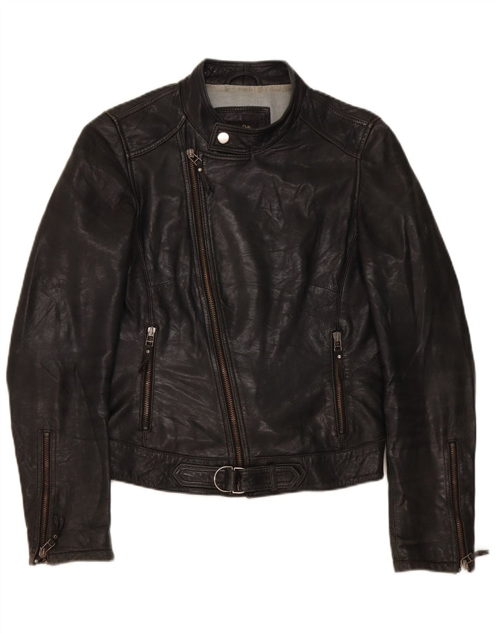 Massimo Dutti Damen Biker-Lederjacke UK 10 Small Schwarz