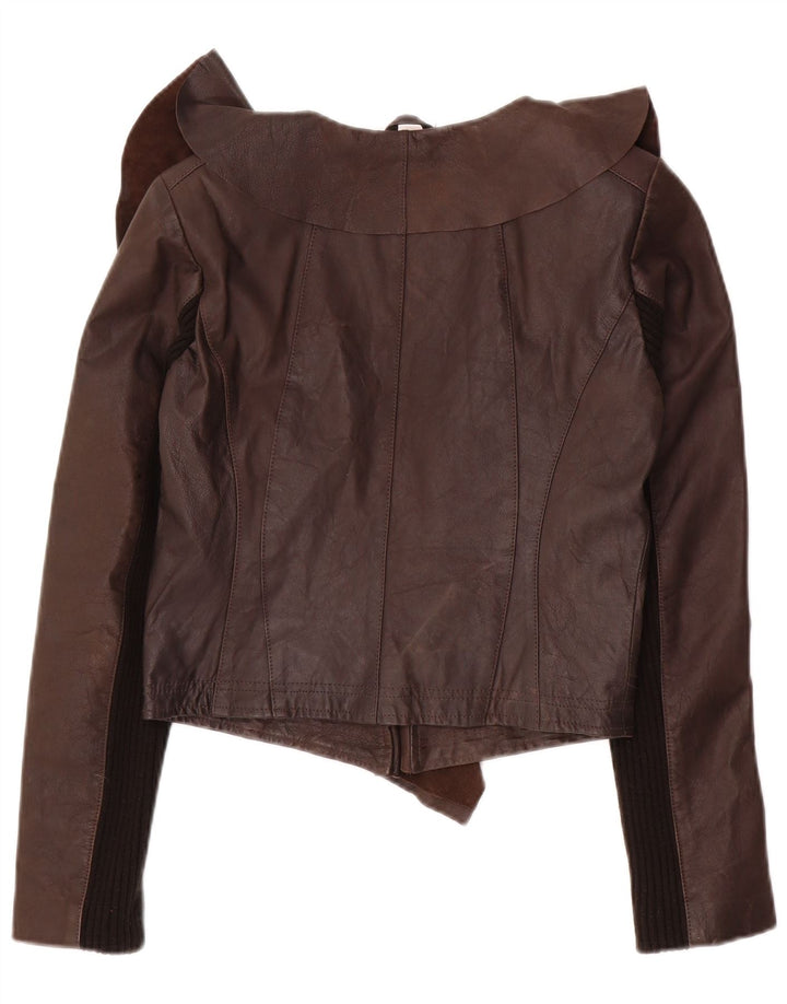 Oasis Womens Open Crop Lederjacke UK 10 Small Braunes Leder