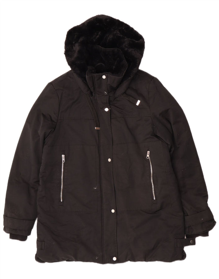 Zara Damen-Parka mit Kapuze, UK 14, mittlere schwarze Baumwolle