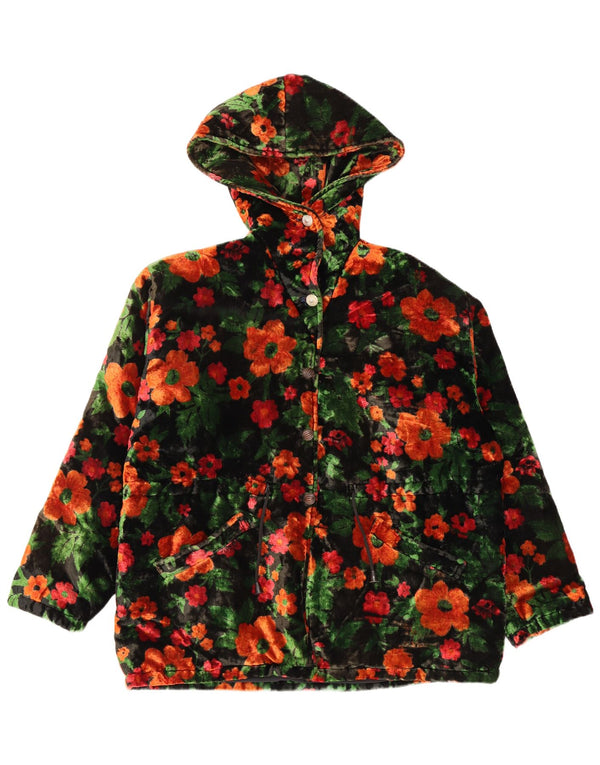 VINTAGE Damen Übergroße Samt-Windbreakerjacke UK 18 XL Schwarz geblümt