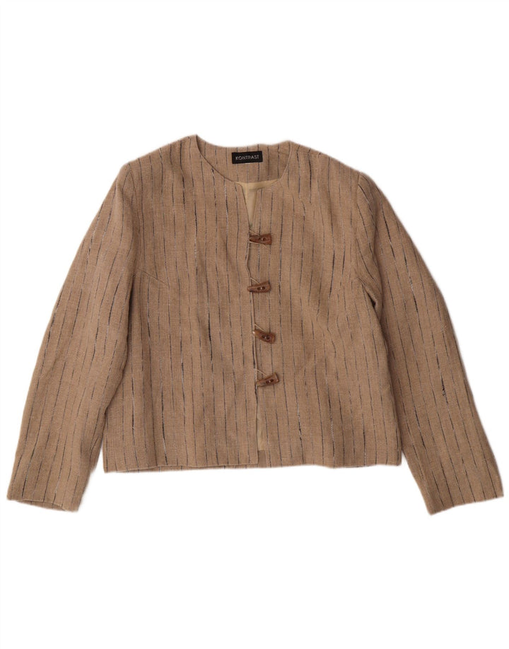 VINTAGE Damen 4-Knopf-Blazerjacke UK 14 Mittelbeige gestreiftes Leinen