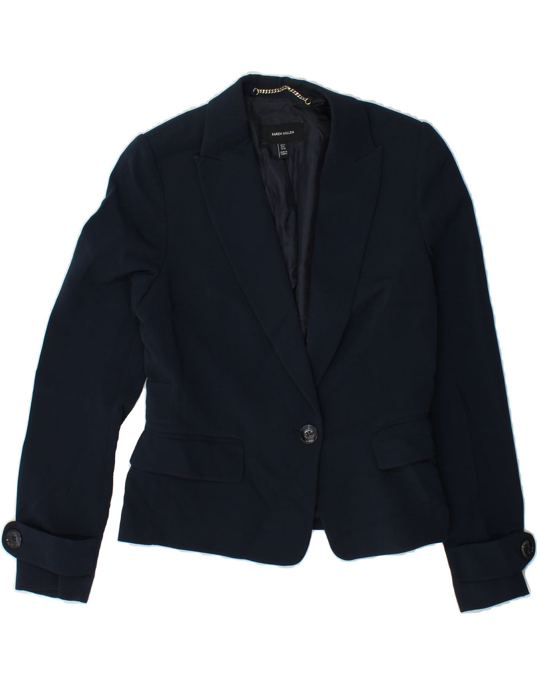 KAREN MILLEN Womens 1 Button Blazer Jacket UK 12 Medium Navy Blue Acetate Vintage Karen Millen and Second-Hand Karen Millen from Messina Hembry 