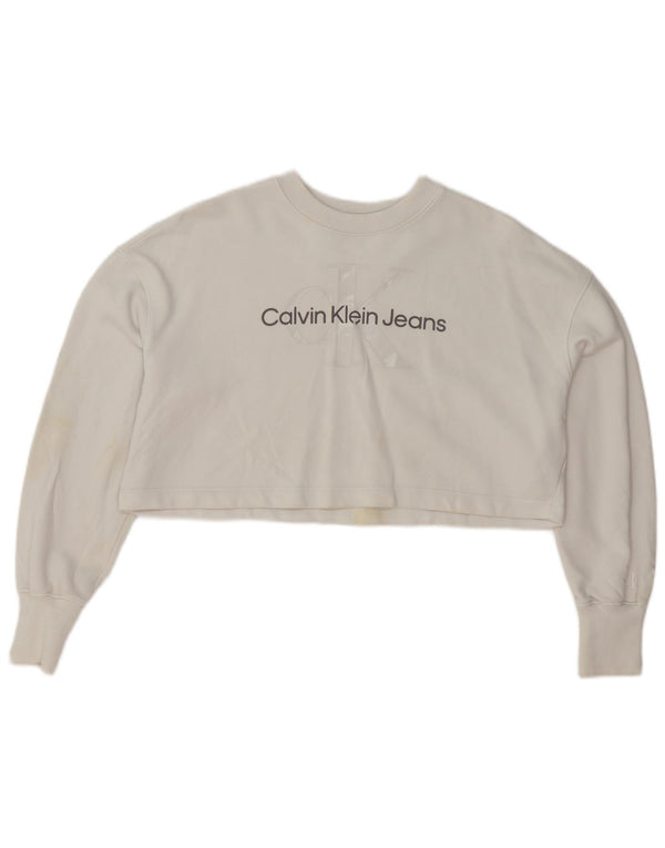 Calvin Klein Jeans Damen Übergroßer Crop-Sweatshirt-Pullover UK 6 XS Weiß