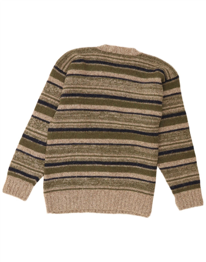 Vintage Herren Pullover mit V-Ausschnitt, große Khaki-gestreifte Wolle