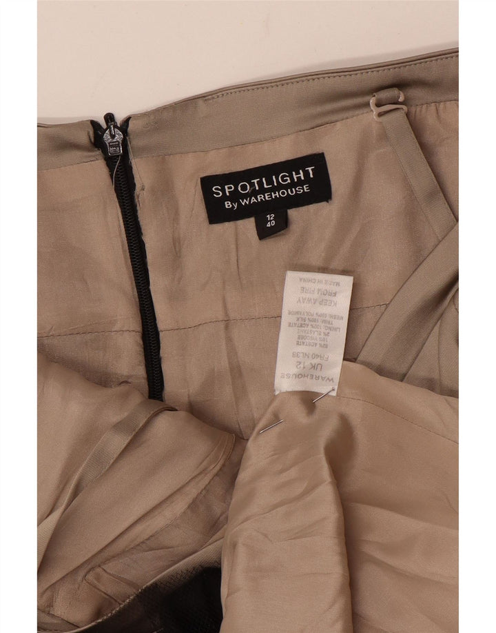 Warehouse Trägerloses Damenkleid UK 12 Mittelbeigefarbenes Acetat mit Blumenmuster