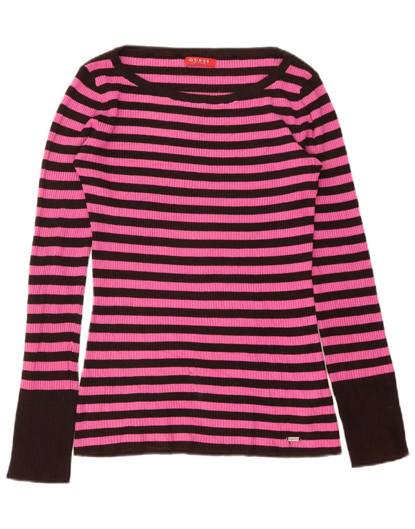 Guess Damen Top Langarm UK 6 XS Rosa gestreifte Viskose