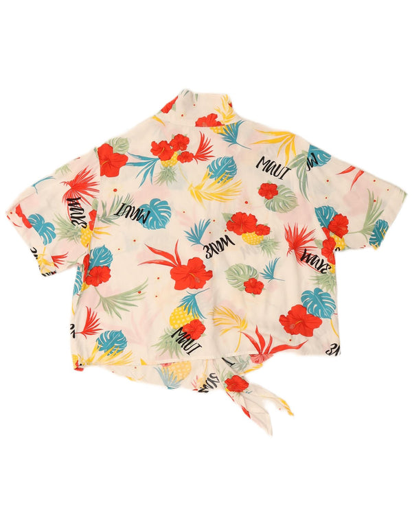 VINTAGE Damen Crop Front Tie Shirt Bluse UK 16 Großes weißes Blumenmuster