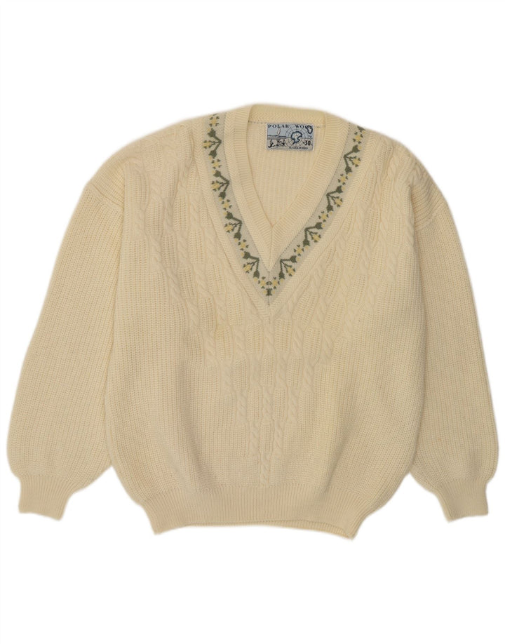 Il Granchio Herren-Pullover mit V-Ausschnitt XL, cremefarbene, florale Schurwolle