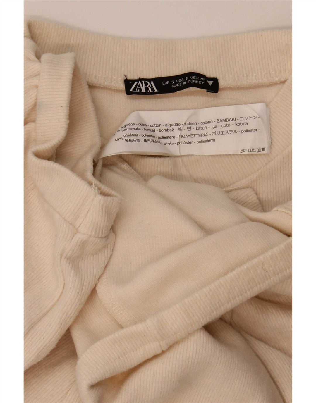 Zara Damen Crop Bluse Top UK 10 Small Beige Baumwolle