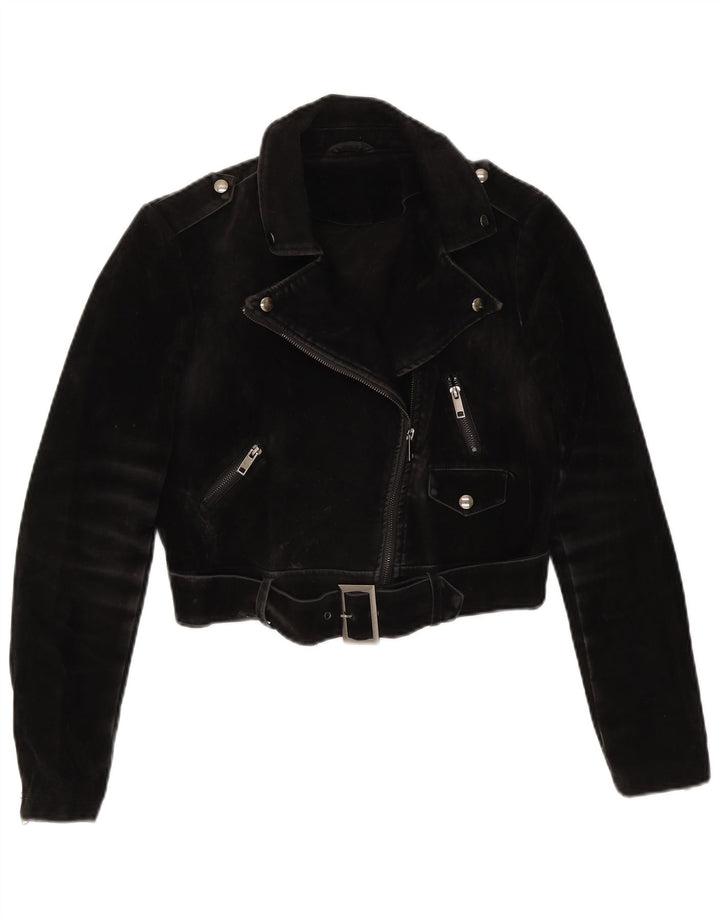 Vintage Damen Crop Wildleder Bikerjacke UK 14 Medium Schwarz