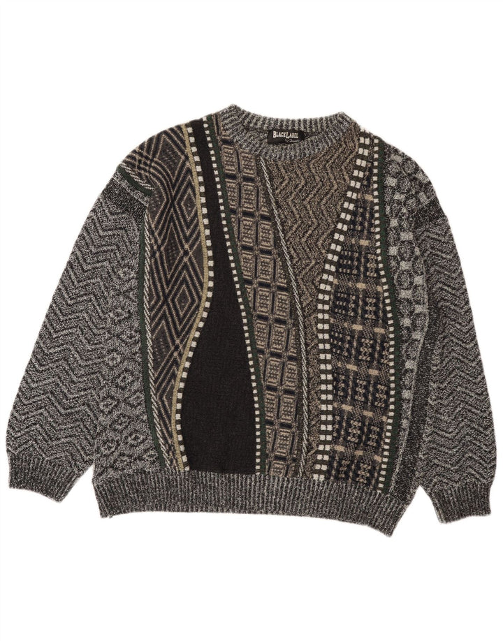 Vintage Herren Rundhalspullover Pullover XL Grau Patchwork Alpakawolle