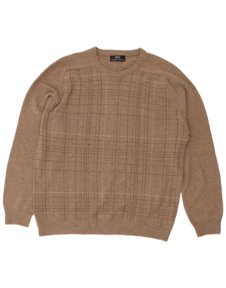 Marks & Spencer Herren-Pullover mit Rundhalsausschnitt, mittelgroße beige karierte Lammwolle