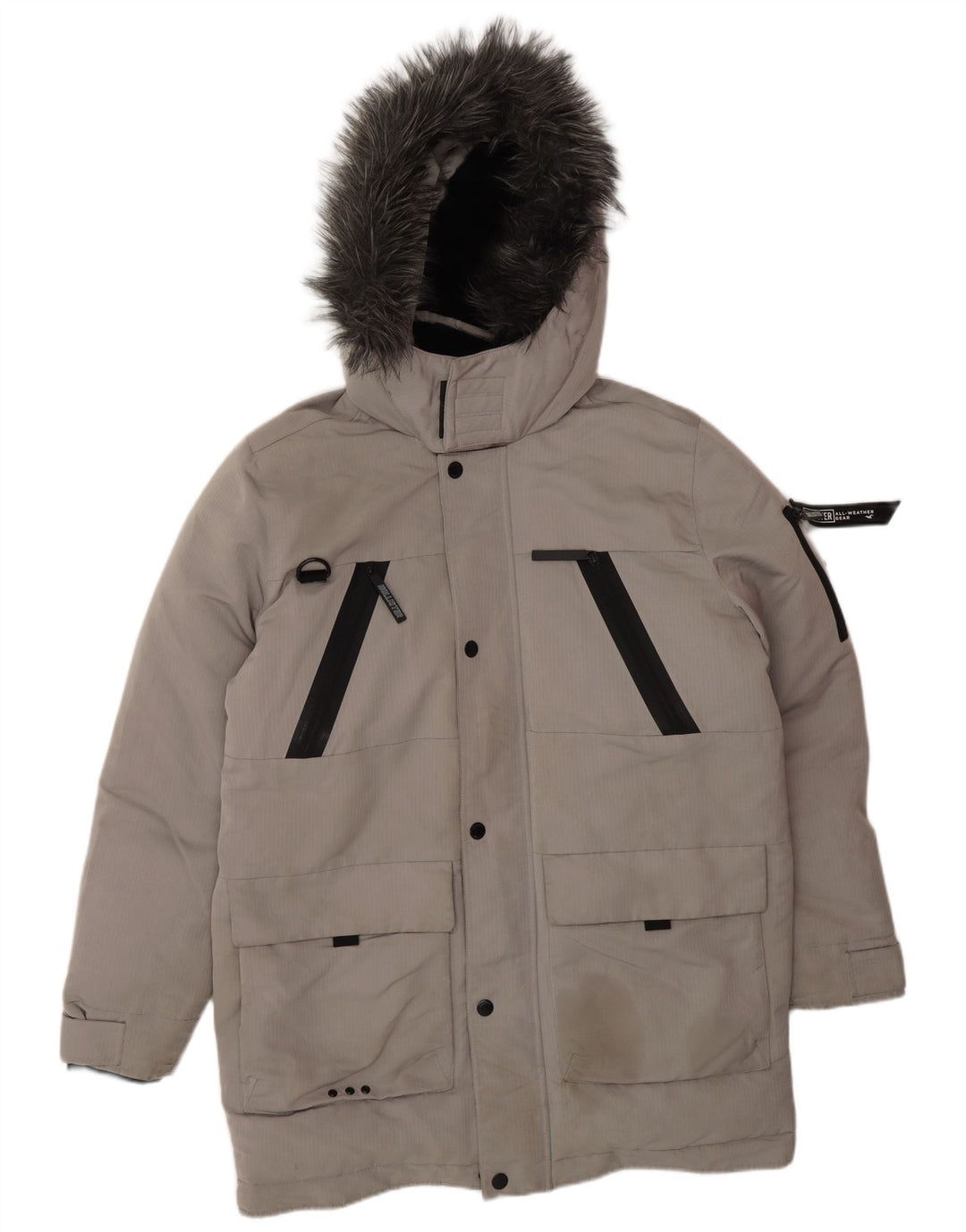 HOLLISTER Wattierte Herrenjacke mit Kapuze, UK 40, großes graues Polyester