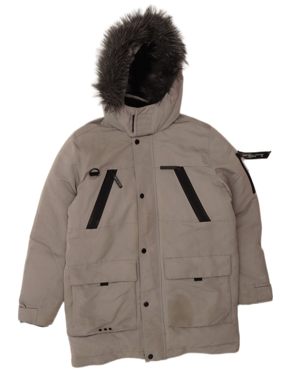 HOLLISTER Wattierte Herrenjacke mit Kapuze, UK 40, großes graues Polyester