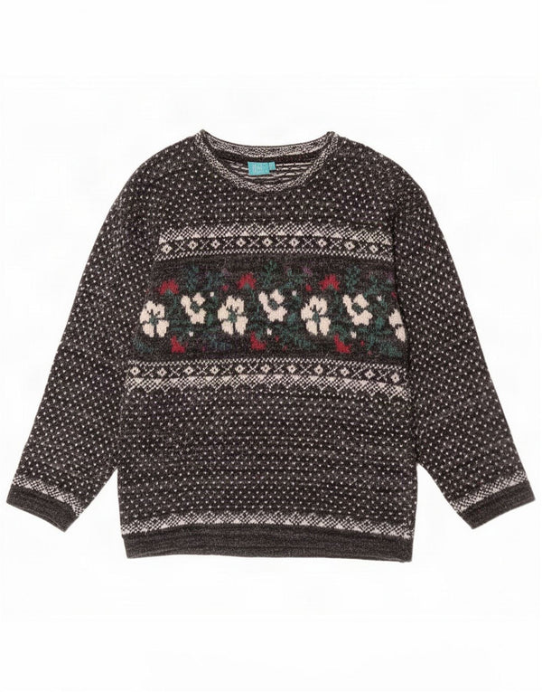 Vintage Damen-Pullover mit U-Boot-Ausschnitt, UK 14, mittelgraue Baumwolle mit Blumenmuster
