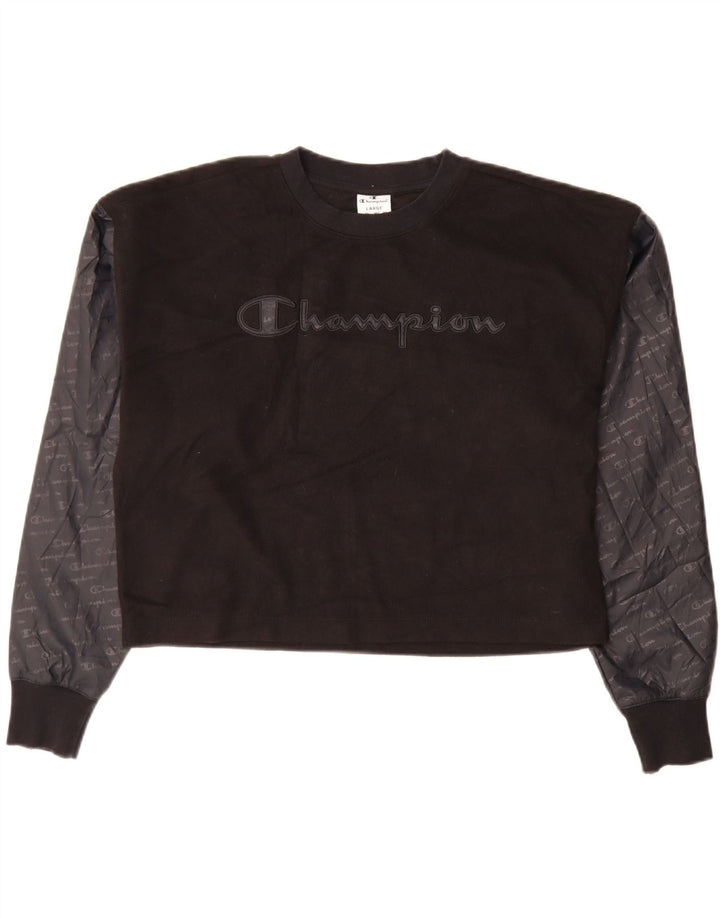 Champion Damen Crop Graphic Sweatshirt Pullover UK 16 Large Schwarz