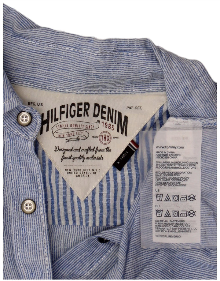 TOMMY HILFIGER Damen Kurzarm-Hemdbluse UK 6 XS Blau gestreiftes Leinen