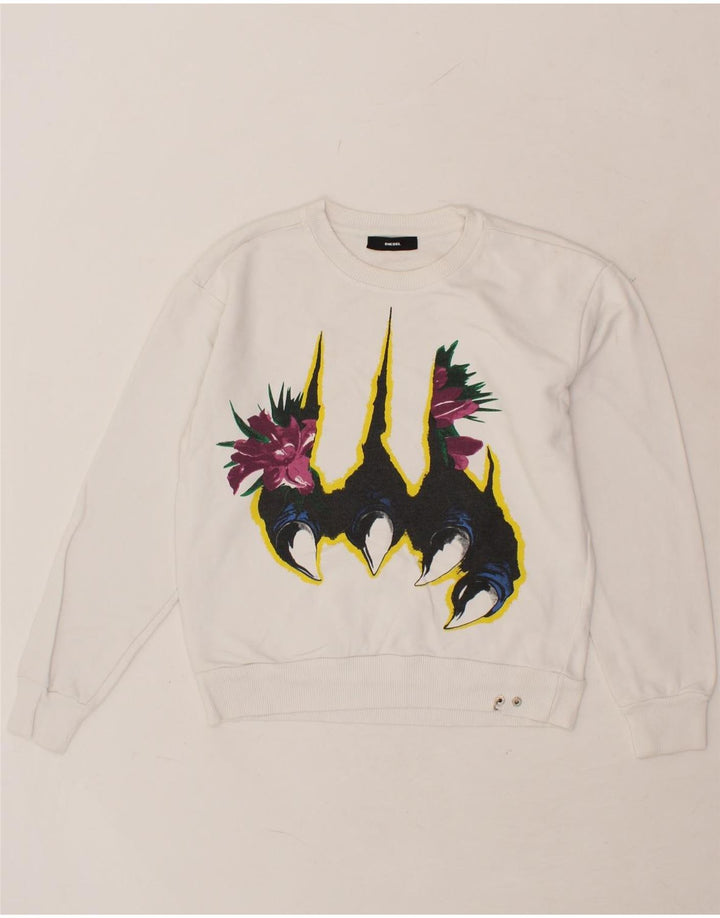 DIESEL Womens Oversized Graphic Sweatshirt Jumper UK 10 Small White Cotton Vintage Diesel and Second-Hand Diesel from Messina Hembry 