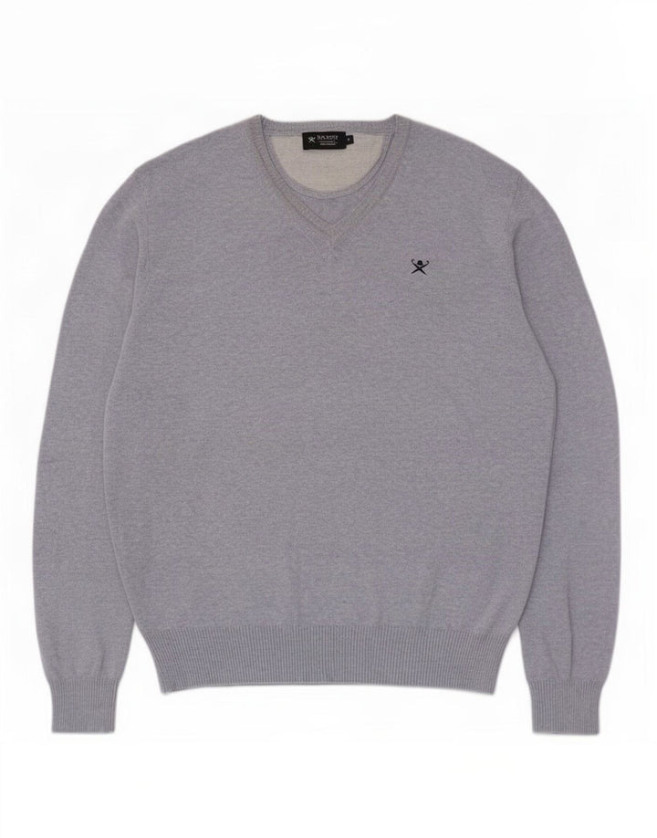 Hackett Herren-Pullover mit V-Ausschnitt aus mittelblau gefleckter Baumwolle