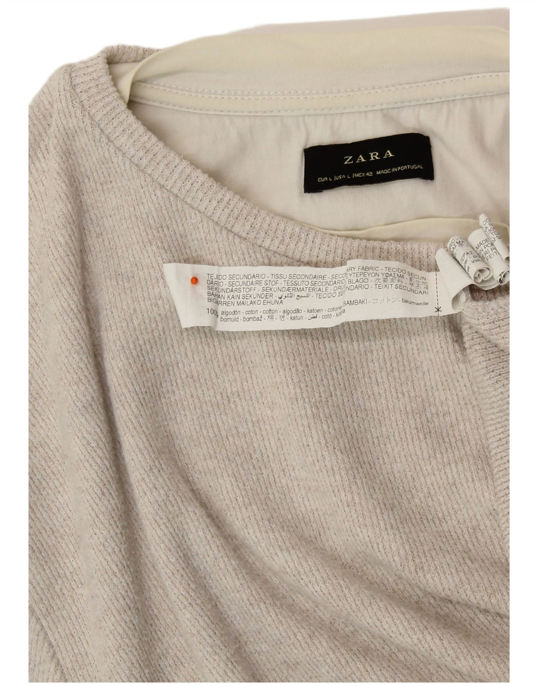 ZARA Damen Top Langarm UK 16 Large Beige Baumwolle