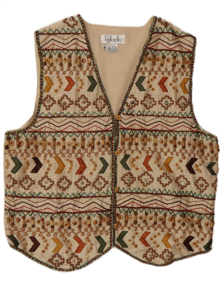 Vintage Damen Weste UK 14 Mittelbeige geometrische Seide