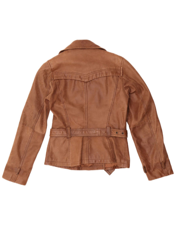 Vintage Damen Zweireihige Lederjacke UK 10 Klein Braun