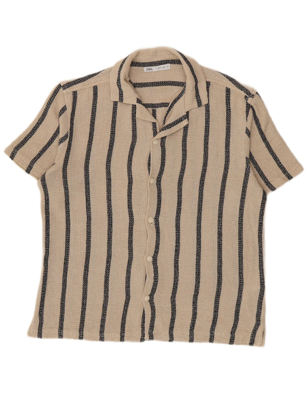 Zara Herren-Kurzarmhemd, groß, beige, gestreift, Baumwolle