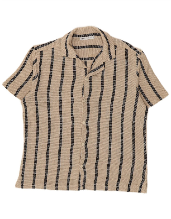 Zara Herren-Kurzarmhemd, groß, beige, gestreift, Baumwolle