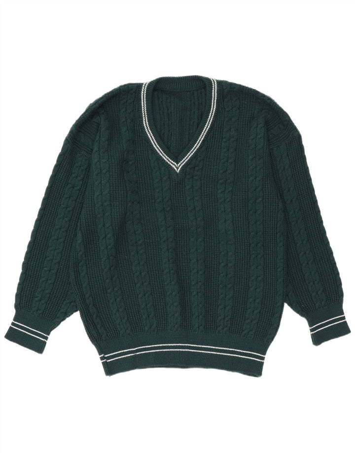 Vintage Herren Pullover mit V-Ausschnitt, groß, grün gestreift