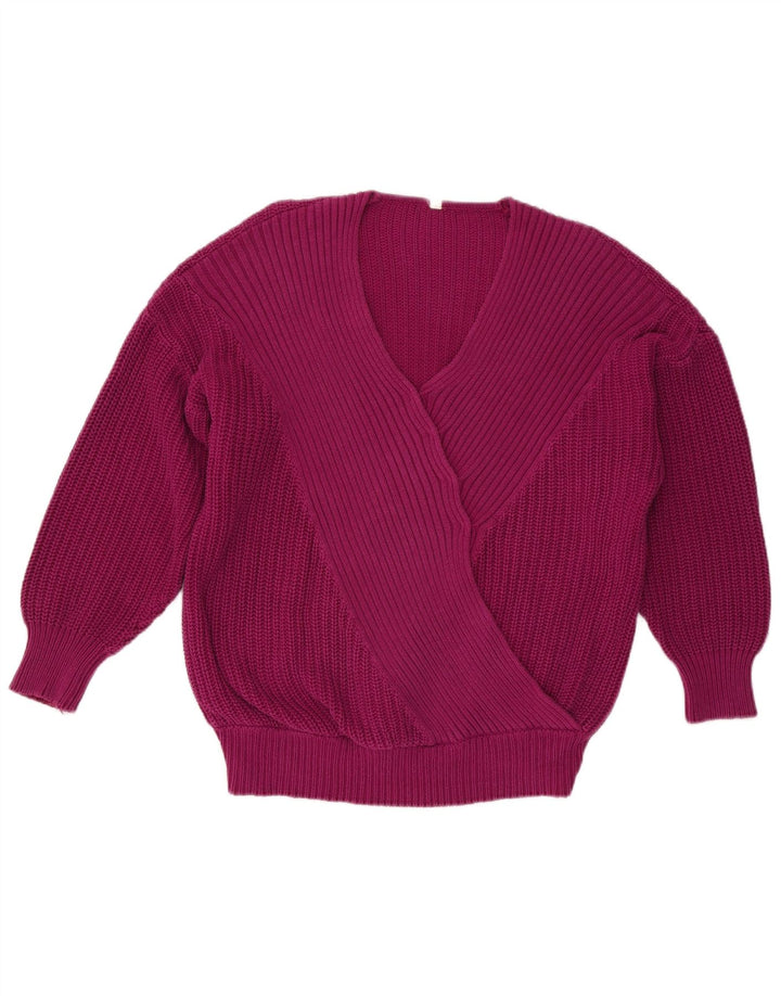 VINTAGE Übergroßer Damen-Pullover mit V-Ausschnitt, EU 40, mittelviolette Baumwolle