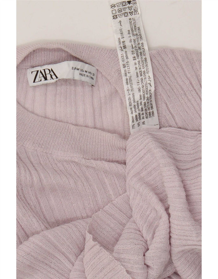 Zara Damen Crop Top Langarm UK 12 Mittelrosa Viskose
