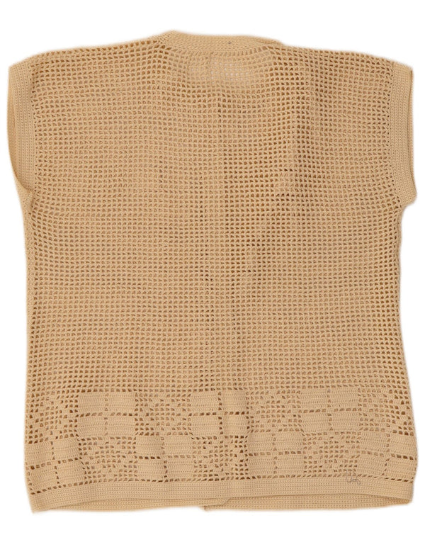 Vintage Damen Kurzarm-Cardigan-Pullover UK 14 Medium Beige Geometrisch