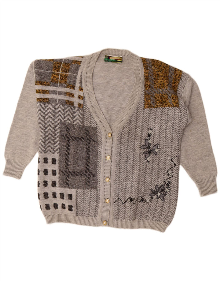 Vintage Damen Cardigan Pullover UK 18 XL Grau Patchwork
