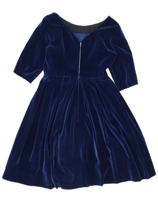 Vintage Damen 3/4-Ärmel-Samt-A-Linien-Kleid UK 14 Medium Navy Blue