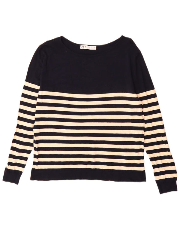 Zara Damen-Pullover mit U-Boot-Ausschnitt, Gr. 10, Größe S, Marineblau gestreift