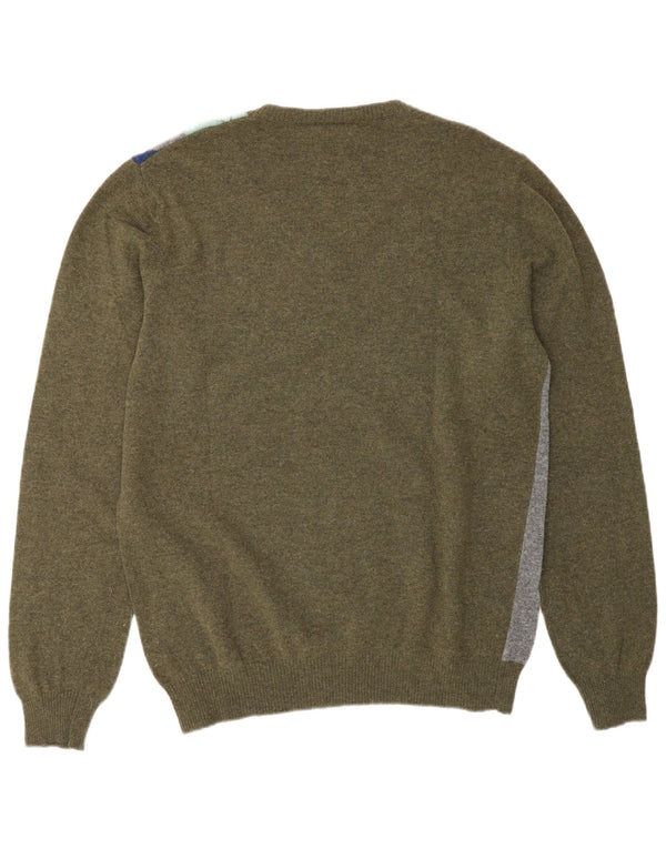 Benetton Damen-Pullover mit V-Ausschnitt, UK 18, XL, Khaki, Argyle/Diamantwolle
