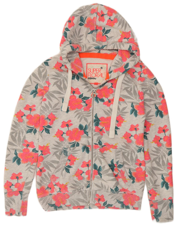 Superdry Damen-Kapuzenpullover mit Reißverschluss, UK 14, mittelgraue Baumwolle mit Blumenmuster