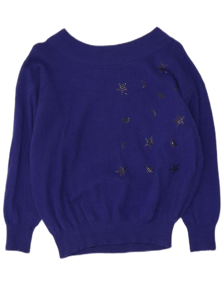 Benetton Damen-Pullover mit bauchfreiem U-Boot-Ausschnitt, Gr. 14, mittelblau, geometrisch