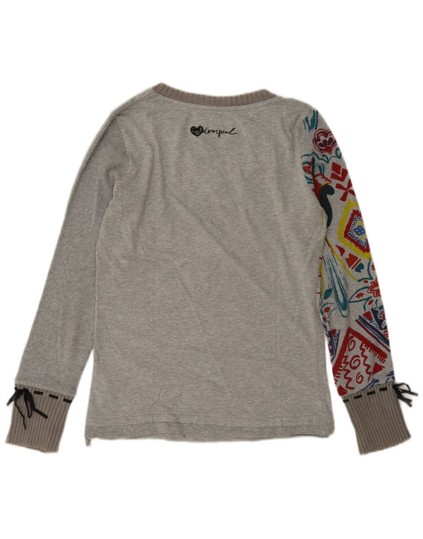 Desigual Womens Graphic Top Long Sleeve UK 14 Medium Grey Floral Cotton