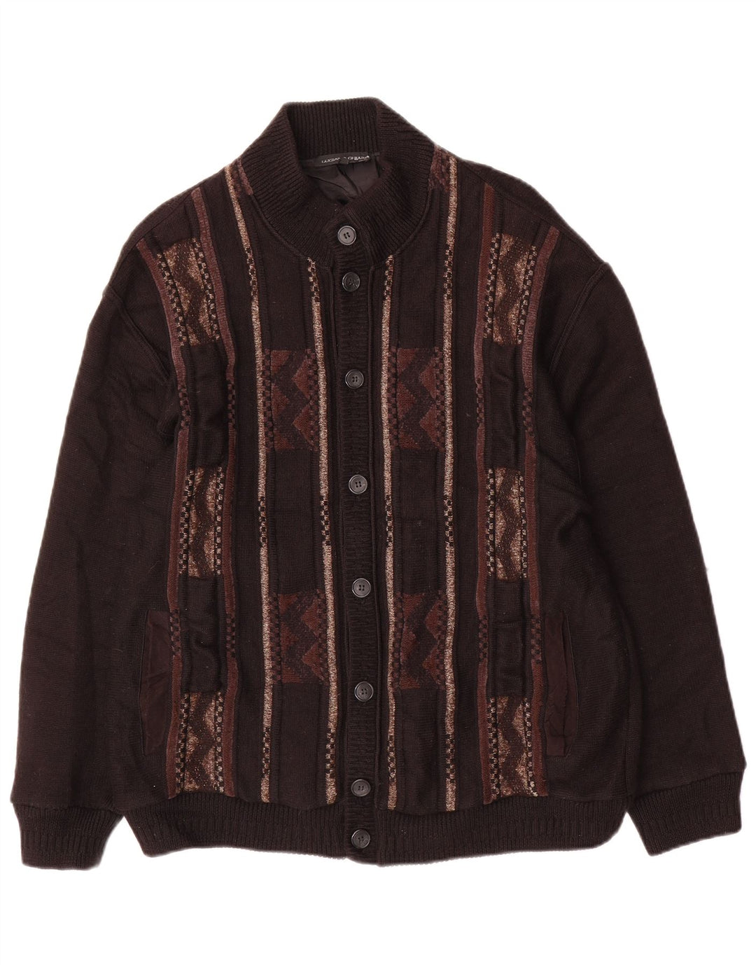 LUCIANO CHIARI Herren-Cardigan-Pullover IT 52 Große schwarze geometrische Wolle