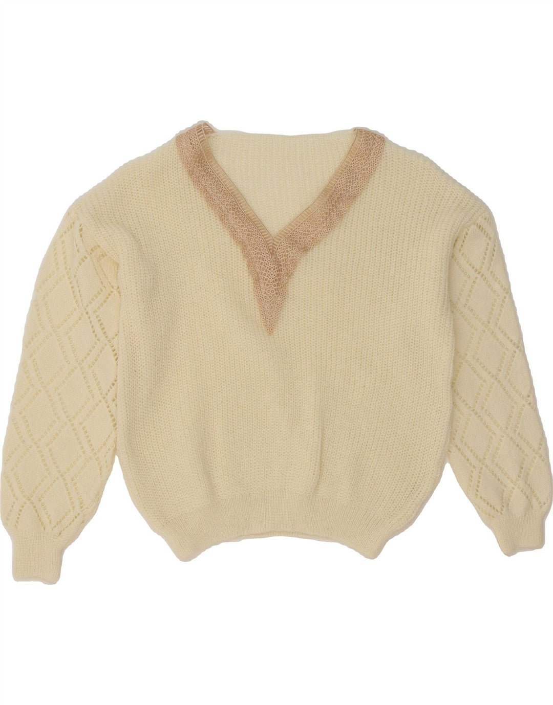 VINTAGE Womens V-Neck Jumper Sweater UK 16 Large Off White Polyester Vintage Vintage and Second-Hand Vintage from Messina Hembry 