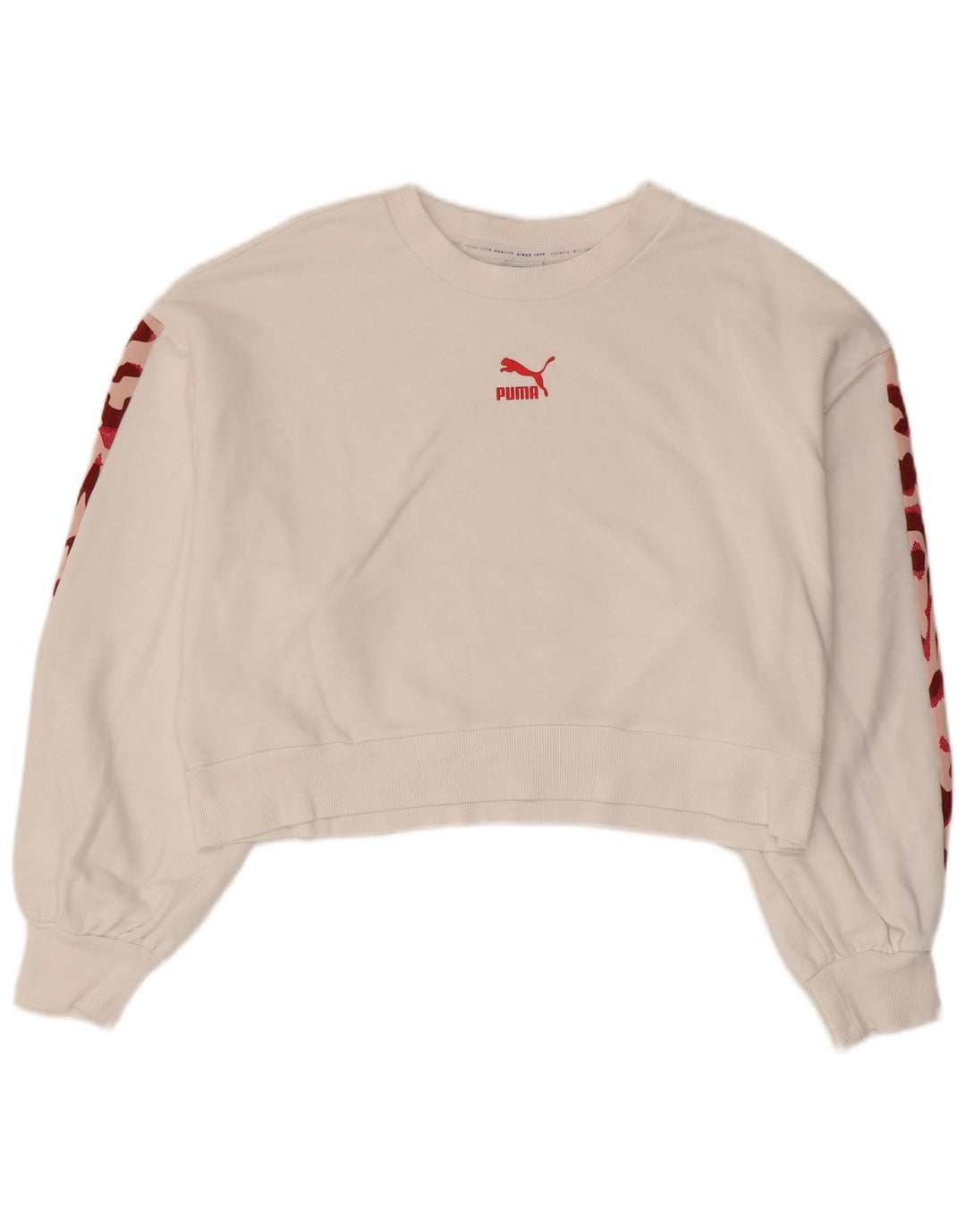 PUMA Damen Crop Sweatshirt Pullover UK 16 Große weiße Camouflage-Baumwolle
