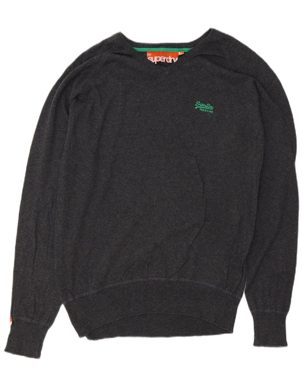 SUPERDRY Damen-Pullover mit V-Ausschnitt, UK-Größe 44, Größe L, Grau, Baumwolle