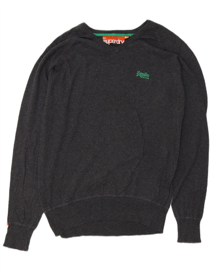 SUPERDRY Damen-Pullover mit V-Ausschnitt, UK-Größe 44, Größe L, Grau, Baumwolle