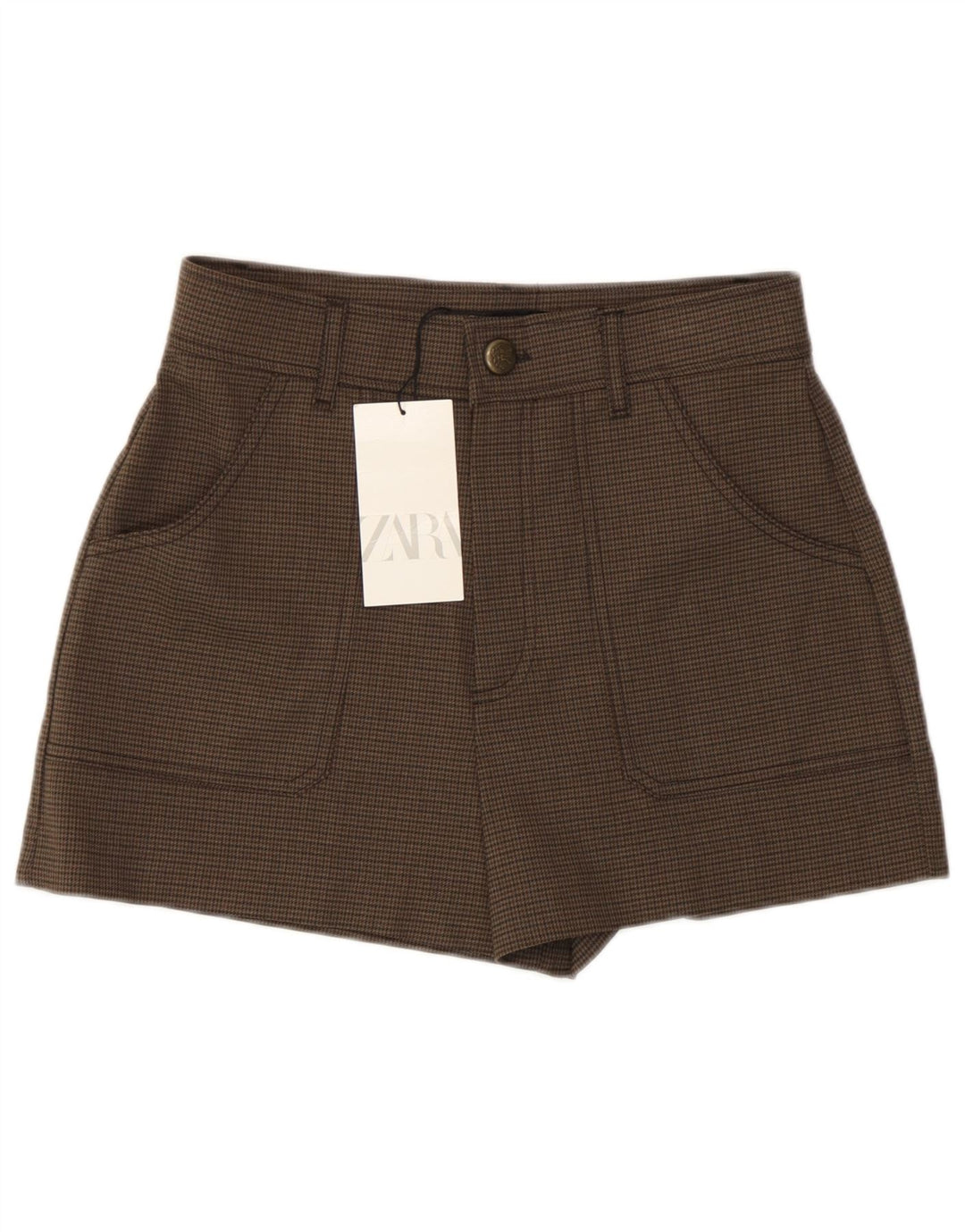 Zara Damen-Shorts mit hoher Taille, lässig, Größe S, W26, braunes Hahnentritt-Polyester