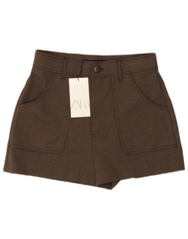 Zara Damen-Shorts mit hoher Taille, lässig, Größe S, W26, braunes Hahnentritt-Polyester