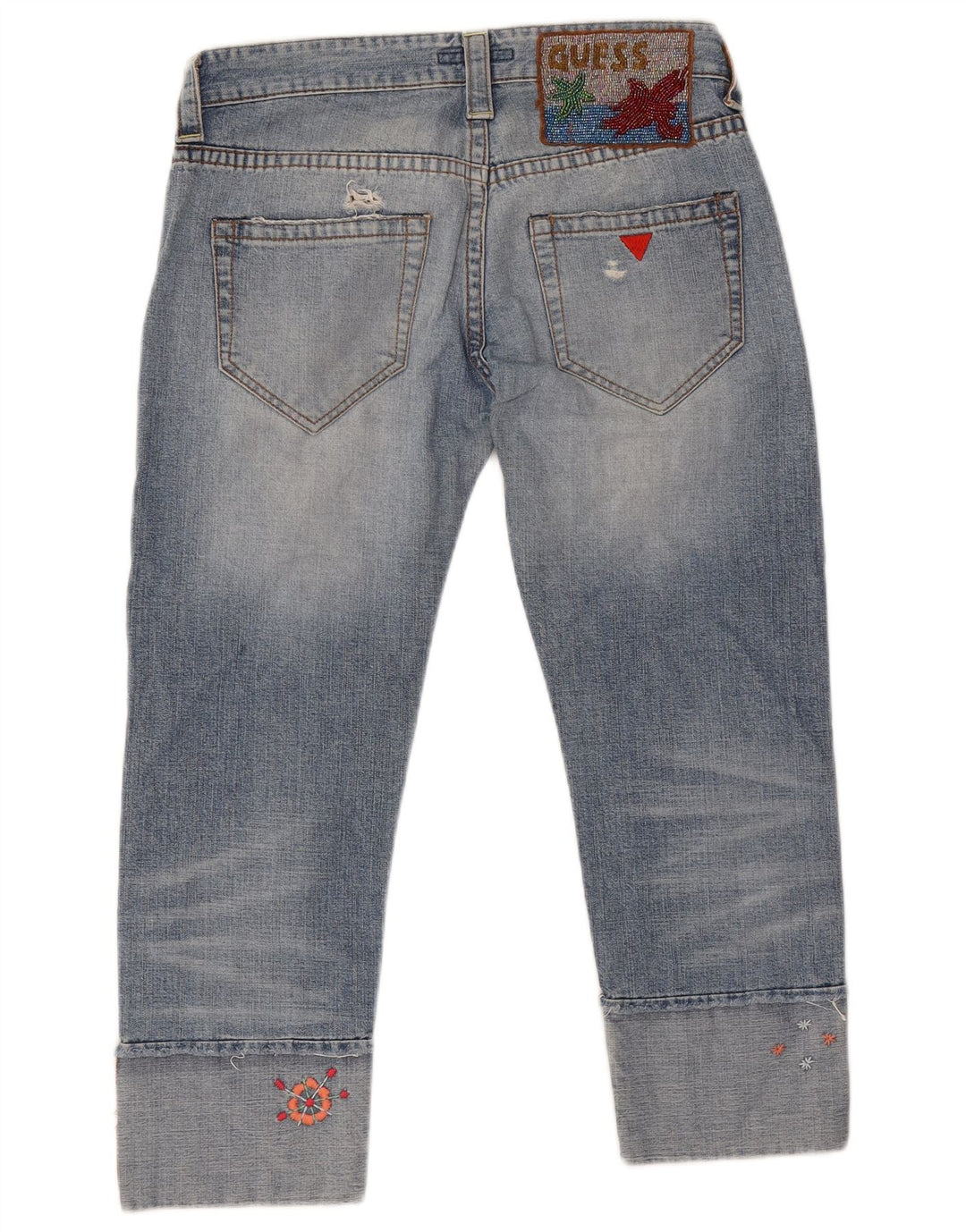 Guess Damen-Jeans im Used-Look, kurz geschnitten, W28, L24, blaue Baumwolle